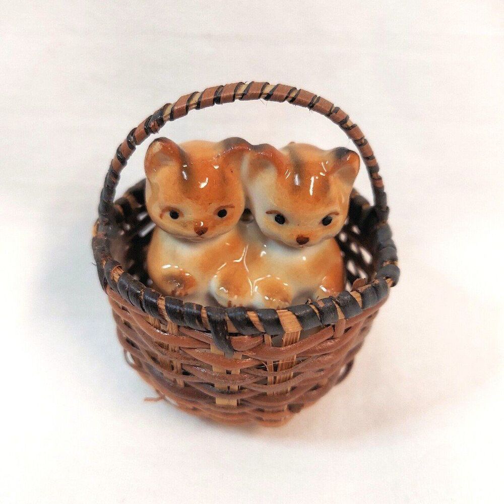 Two Ceramic Kittens in Rattan Basket vintage